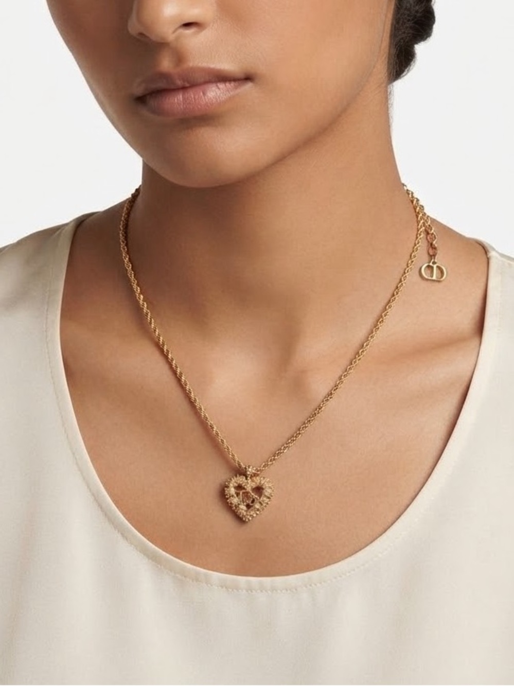 Dior Gold Heart Pendant Necklace with Twisted Chain